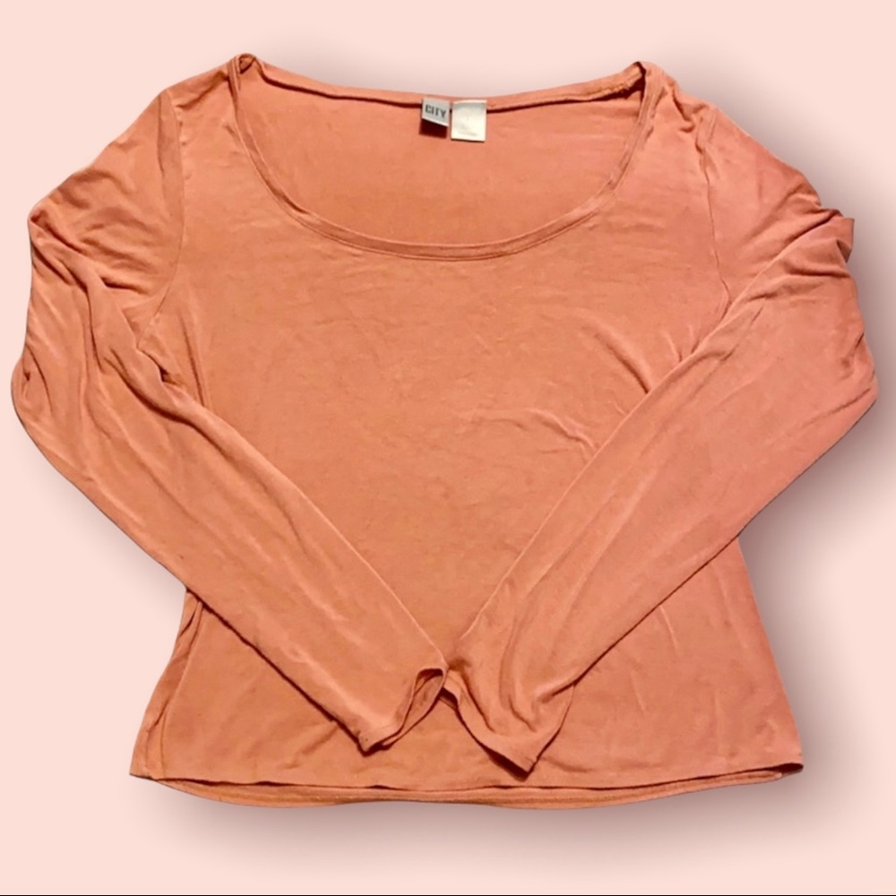 City DKNY Large Shirt Salmon Pink Stretchy Donna Karan Long Sleeves